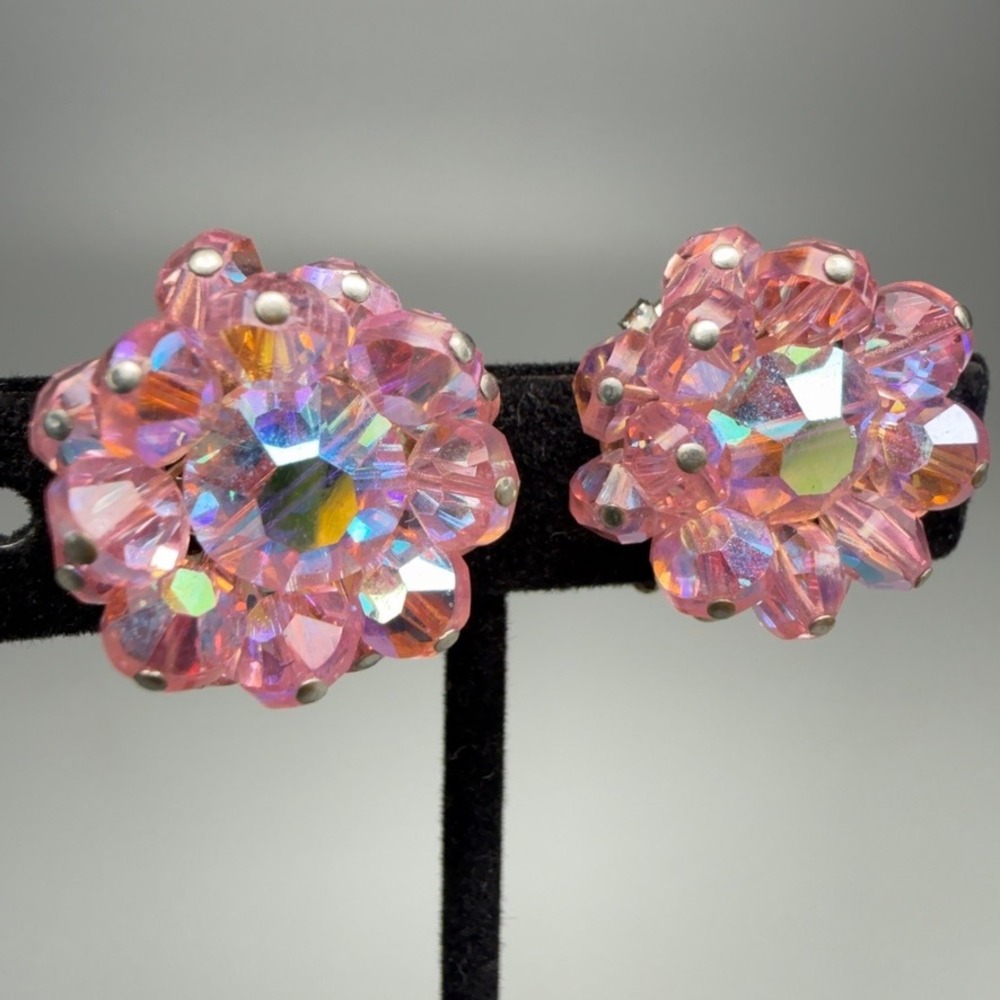 Vintage Hobe AB Crystal Clip On Earrings Pink Silver Tone MCM Glam